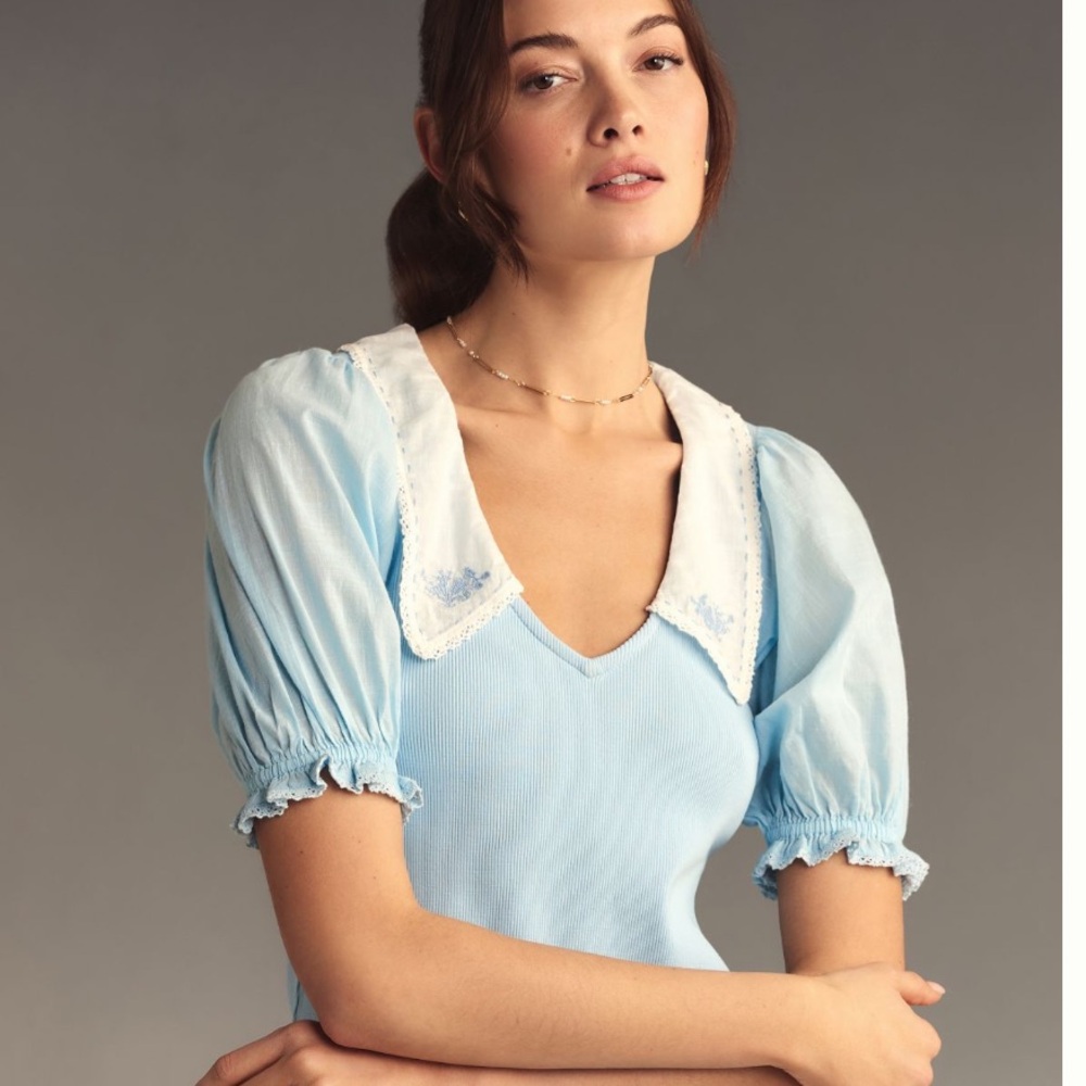Anthropologie Blue Blouse with White Collar